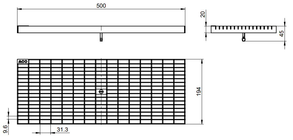 00622504 Esquema técnico da grelha para canal PROFILINE/ROOFLINE, grelha entramada em aço galvanizado da dimensões L500 A200 H20 com sistema de fixação, classe de carga pedonal.