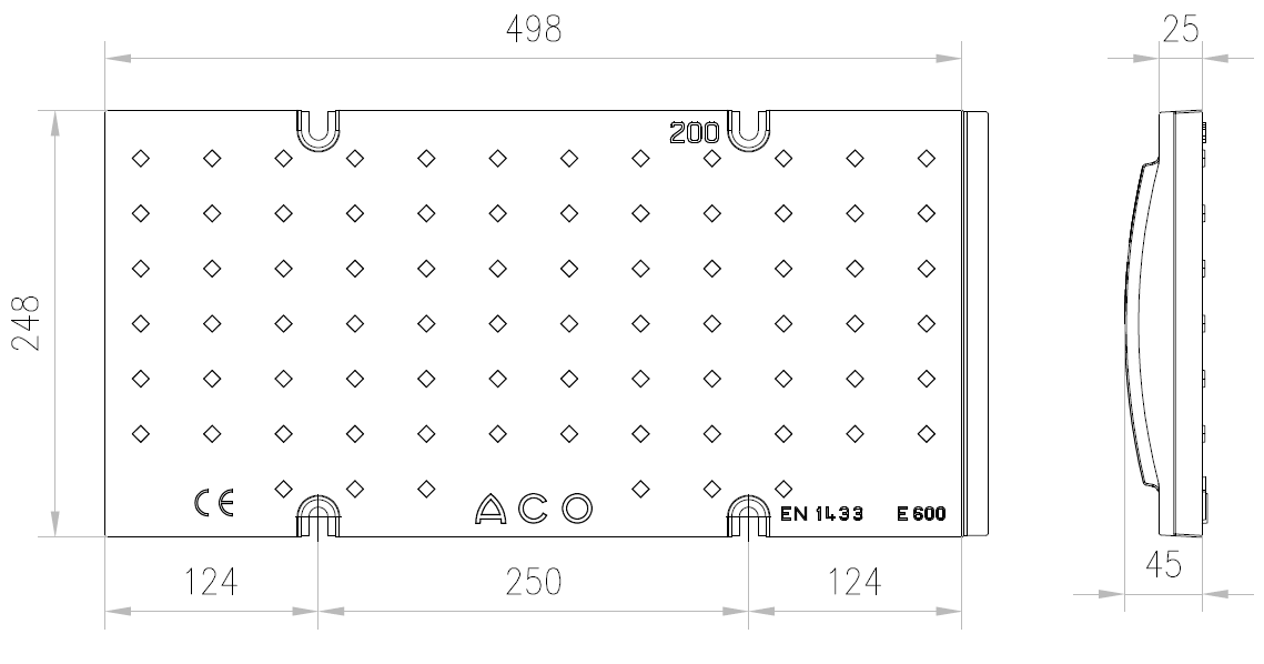 00840413 Esquema técnico da grelha para canal XTRALINE G/B 200, grelha cega em fundição da dimensões L498 A248 H25 com sistema de fixação por parafusos, classe de carga E600.