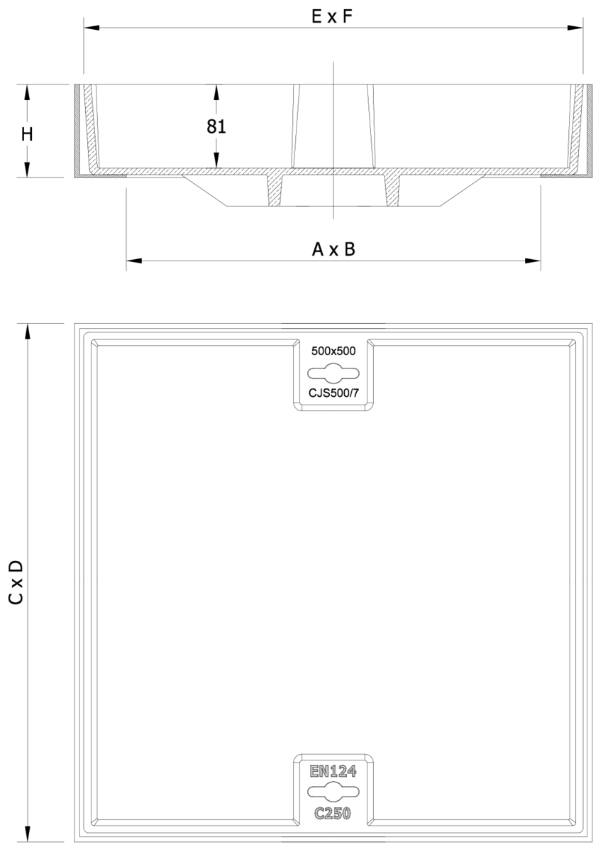 01201812 Esquema técnico de la tapa BASIC rellenable en fundición dúctil, de dimensiónes L500 A500 H90 clase de carga C250.