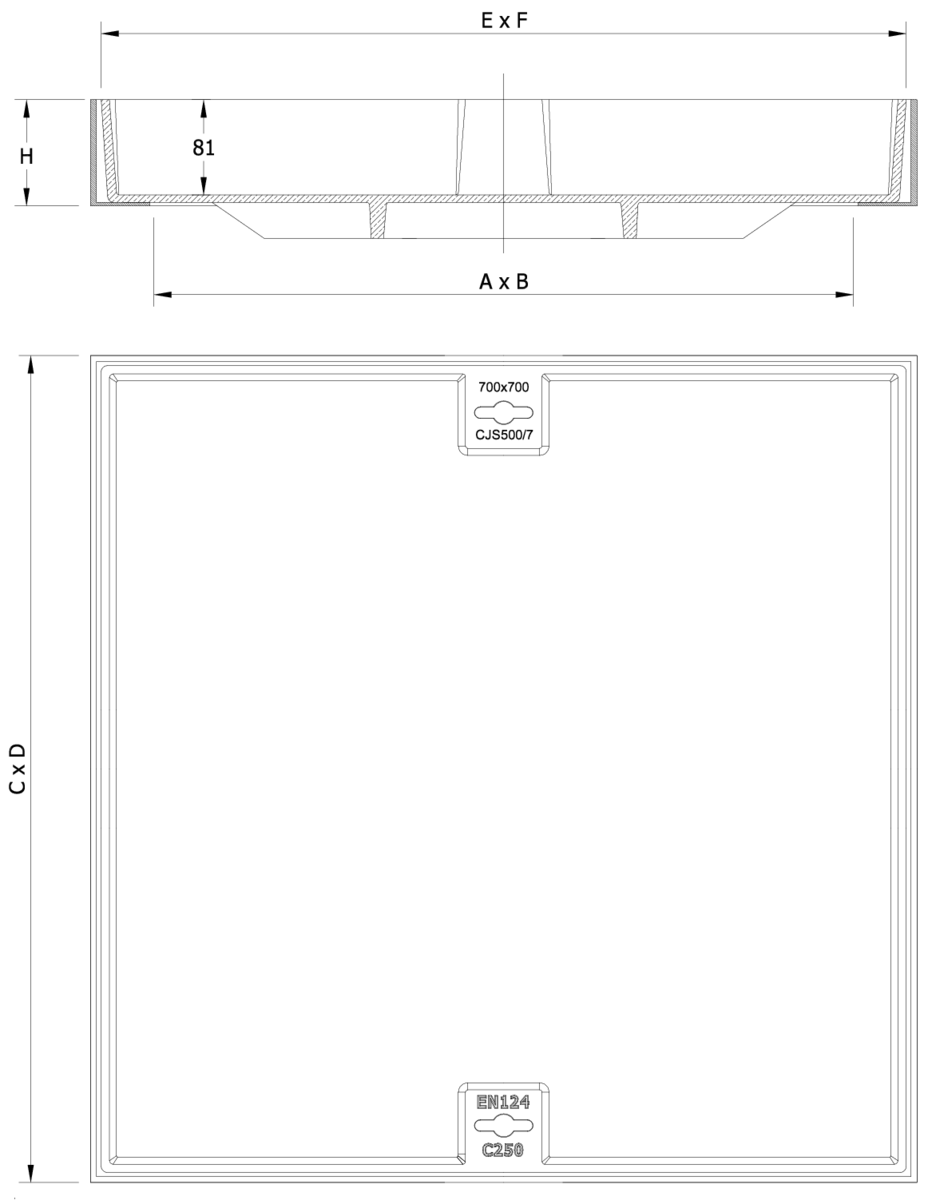 01201813 Esquema técnico de la tapa BASIC rellenable en fundición dúctil, de dimensiónes L700 A700 H90 clase de carga C250.