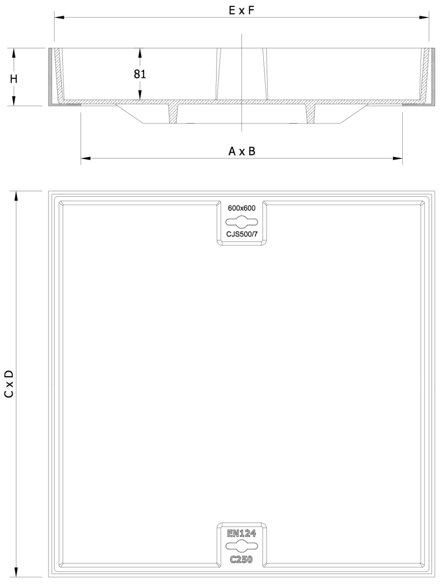 01201814 Esquema técnico da tampa BASIC rebaixada em fundição dúctil, de dimensões L600 A600 H90 classe de carga C250.