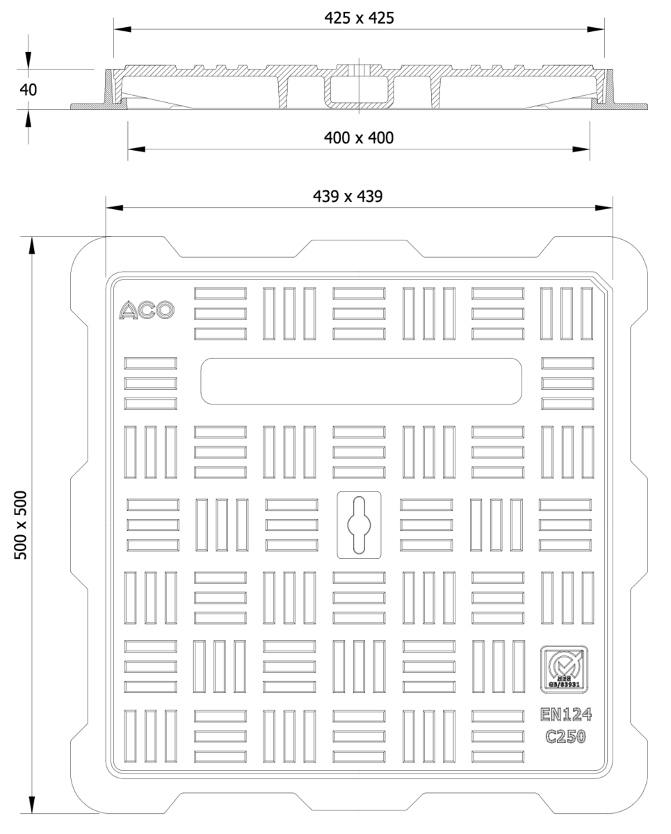 01202849 Esquema técnico de la tapa BASIC cuadrada en fundición dúctil, de dimensiónes L500 A500 H40 clase de carga C250, sin inscripción superior.