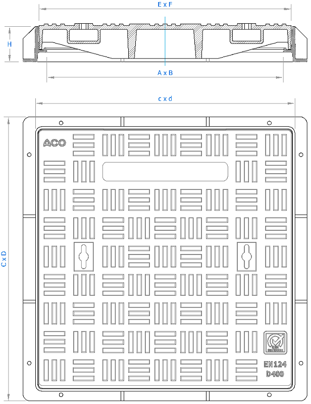 Esquema técnico da tampa BASIC quadrada em fundição dúctil, de dimensões L600 A600 H75 classe de carga D400, sem inscripção superior.