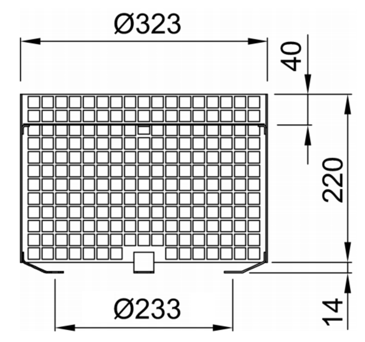 01536001 Esquema técnico da grelha para sumidouro GRAVITY, grelha de pinha em aço inoxidável AISI304, da dimensões Ø323 H234 sem sistema de fixação, classe de carga H1,5.