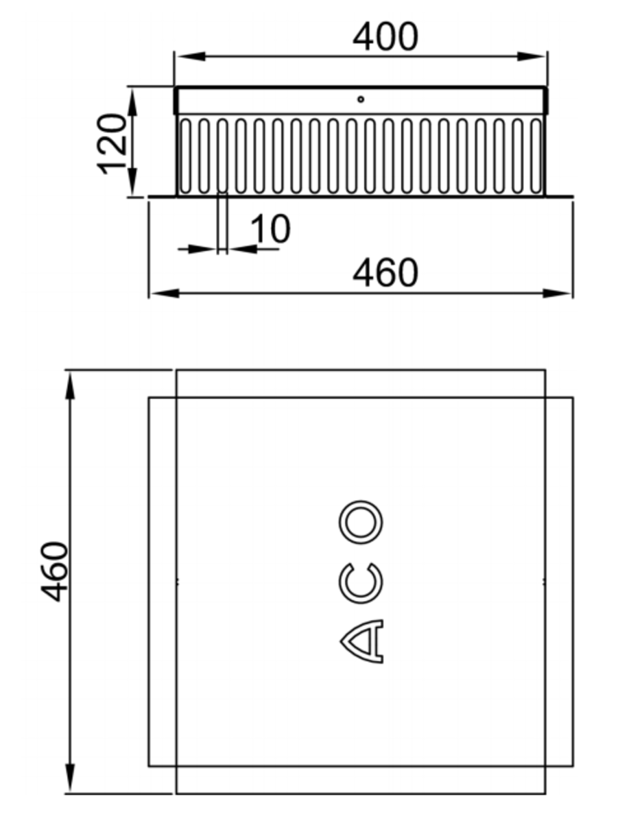 01537305 Esquema técnico da grelha para sumidouro GRAVITY, grelha de pinha em aço inoxidável AISI304, da dimensões L460 A460 H120 sem sistema de fixação, classe de carga K3.