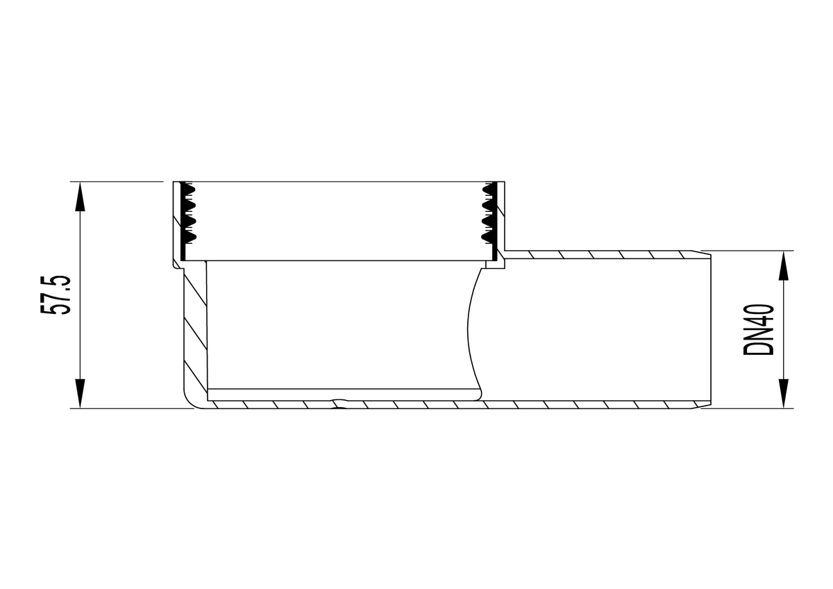 Esquema técnico de la cazoleta de dimensiones Ø75 H57,5 en polipropileno, con salida horizontal DN40.