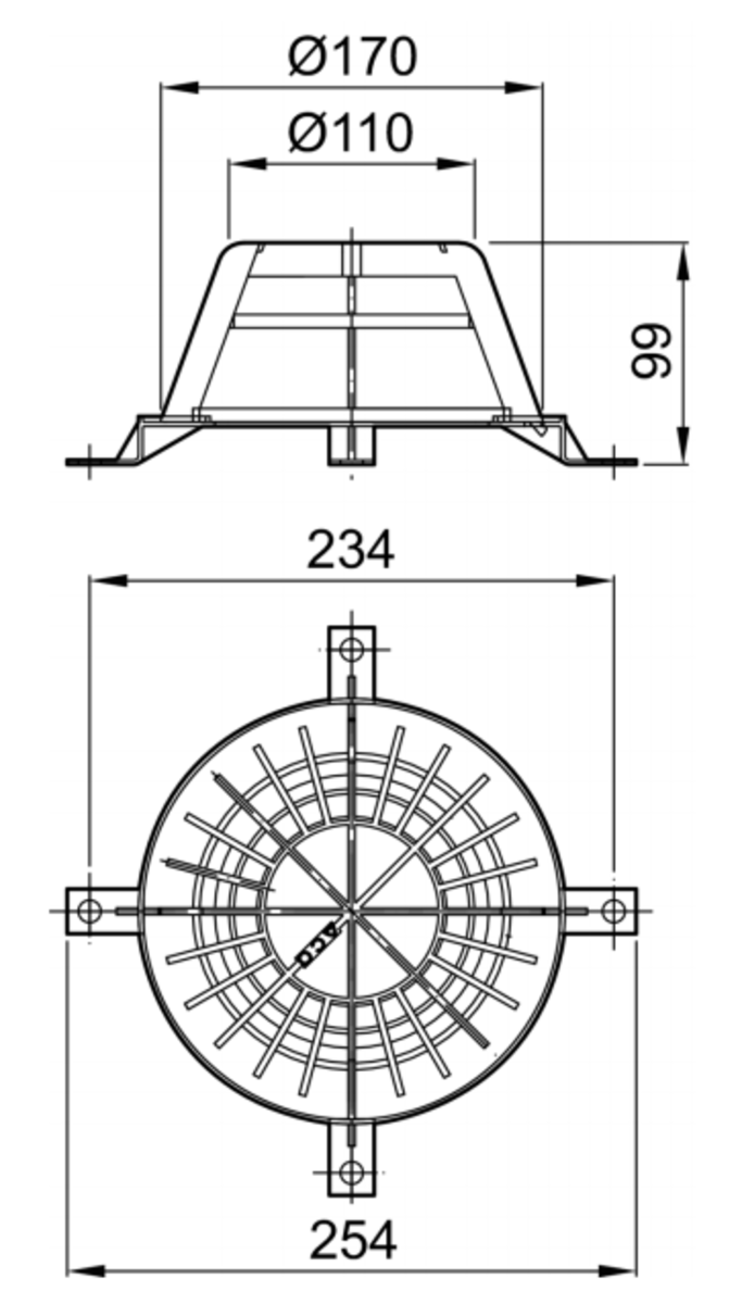 Esquema técnico da grelha para sumidouro GRAVITY, grelha de pinha em plástico, da dimensões Ø254 H99 sem sistema de fixação, classe de carga H1,5.
