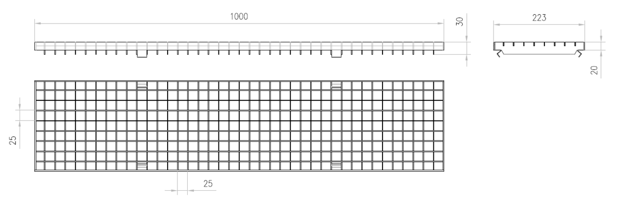 Esquema técnico da grelha para canal MULTIDRIAN/MULTILINE/XTRADRAIN 200, grelha entramada 25X25 em aço inoxidável AISI304 da dimensões L1000 A223 H20 com sistema de fixação Drainlock, classe de carga B125.