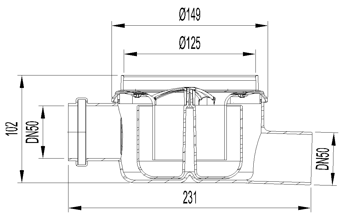 Esquema técnico del fondo sumidero EASYFLOW, fabricado en polipropileno, de dimensiones Ø125 H102 fondo Ø149, salida horizontal DN50, 1 entrada DN50, con sifon.