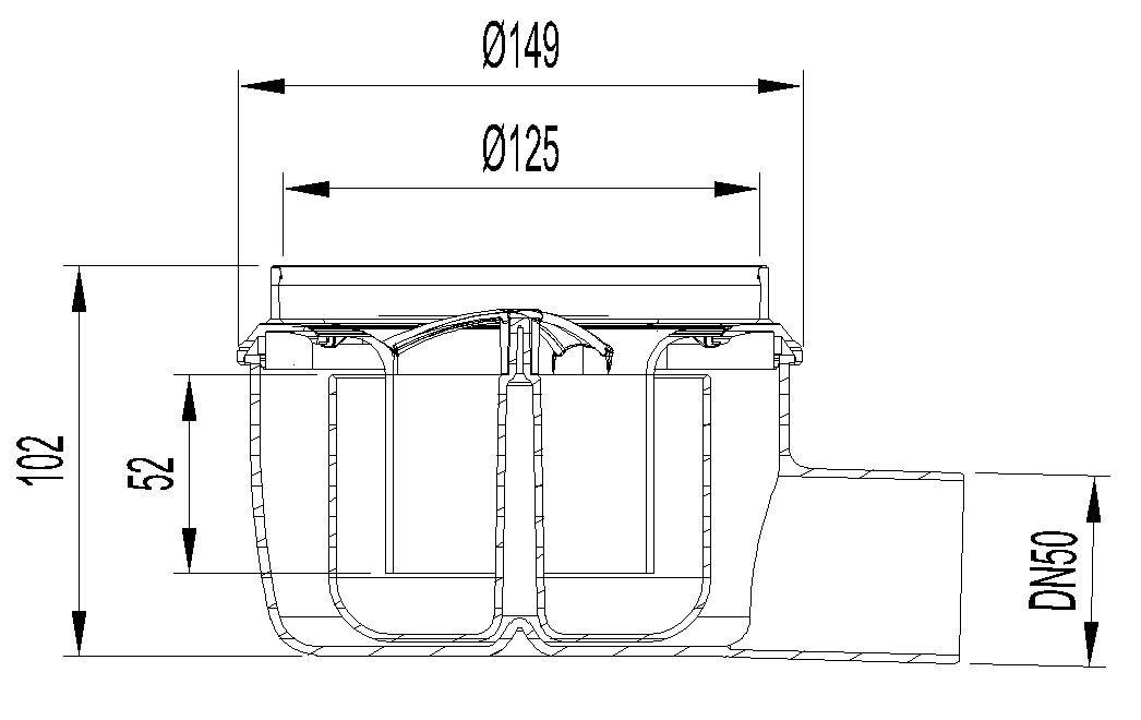 Esquema técnico do corpo de ralo EASYFLOW, fabricado em polipropileno, de dimensões Ø125 H102 fundo Ø149, saída horizontal DN50, com sifão.