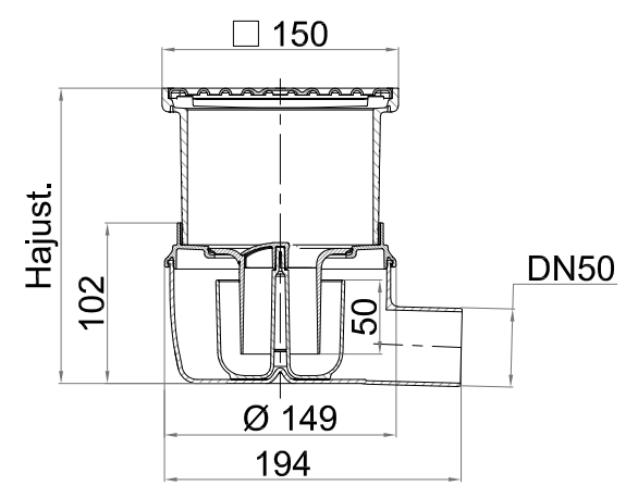 Esquema 2D del conjunto ACO Easyflow 25000577 compuesto por el cuerpo y reja 27007711 y el fondo 25000500.