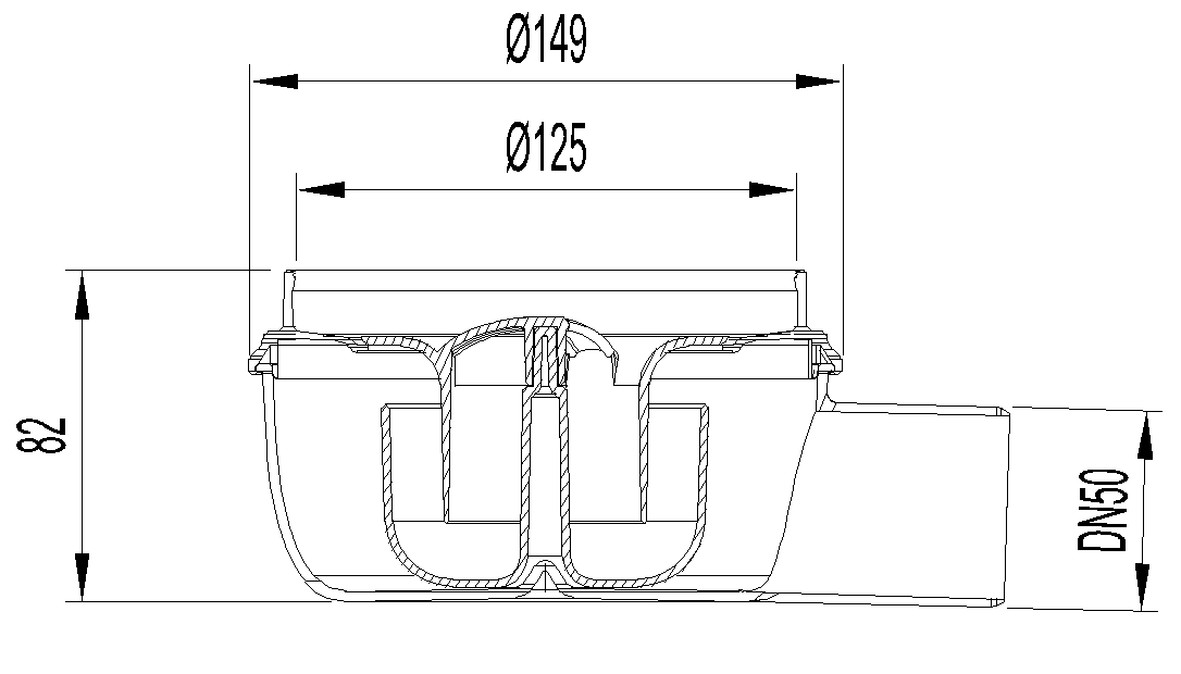 Esquema técnico do corpo de ralo EASYFLOW, fabricado em polipropileno, de dimensões Ø125 H82 fundo Ø149, saída horizontal DN50, com sifão.