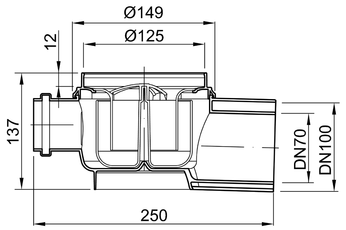 Esquema técnico del fondo sumidero EASYFLOW, fabricado en polipropileno, de dimensiones Ø125 H137 fondo Ø149, salida horizontal DN70/100, 1 entrada DN50, con sifón.