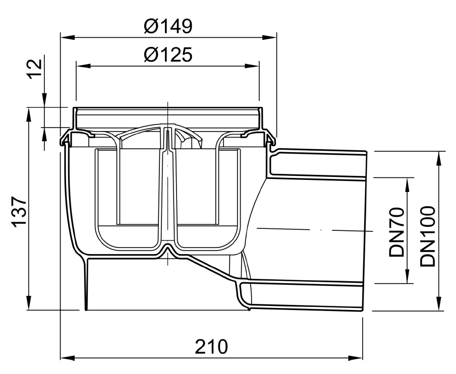 Esquema técnico do corpo de ralo EASYFLOW, fabricado em polipropileno, de dimensões Ø125 H137 fundo Ø149, saída horizontal DN70/100, com sifão.