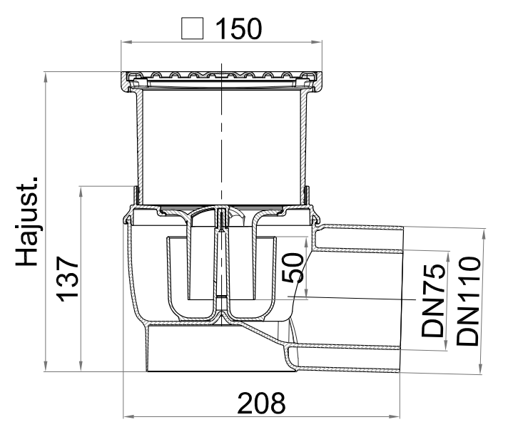Esquema tecnico del conjunto ACO Easyflow 27000577 compuesto por el cuerpo y reja 27007711 y el fondo 27000500.