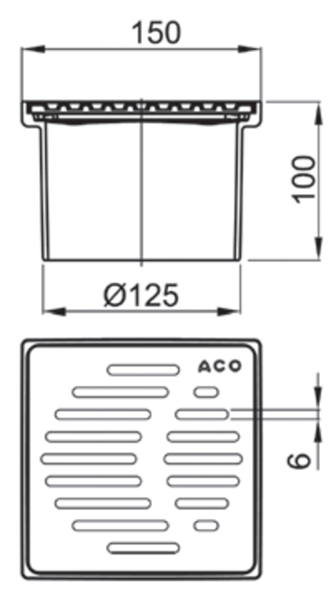 27007711 Esquema tecnico do corpo ralo ACO Easyflow realizado em plástico ABS de dimensões 150x150mm, altura 96mm e grelha ranhurada em aço inoxidável AISI304.