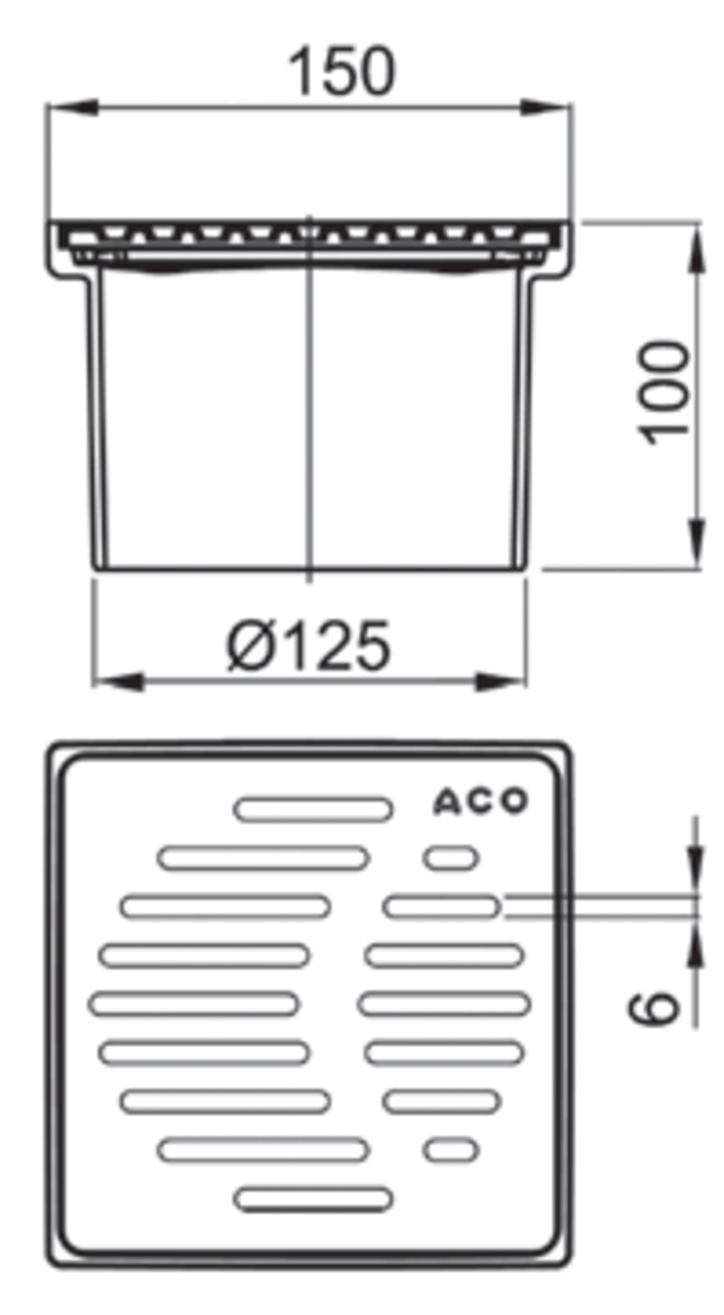 Esquema tecnico do corpo ralo ACO Easyflow realizado em plástico ABS de dimensões 150x150mm, altura 96mm e grelha ranhurada em aço inoxidável AISI304.