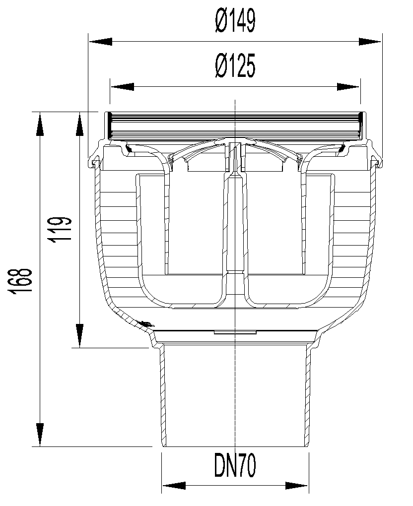 27100000 Esquema tecnico do corpo de ralo EASYFLOW, fabricado em polipropileno, de dimensões Ø125 H168 fundo Ø149, saída vertical DN70, com sifão.