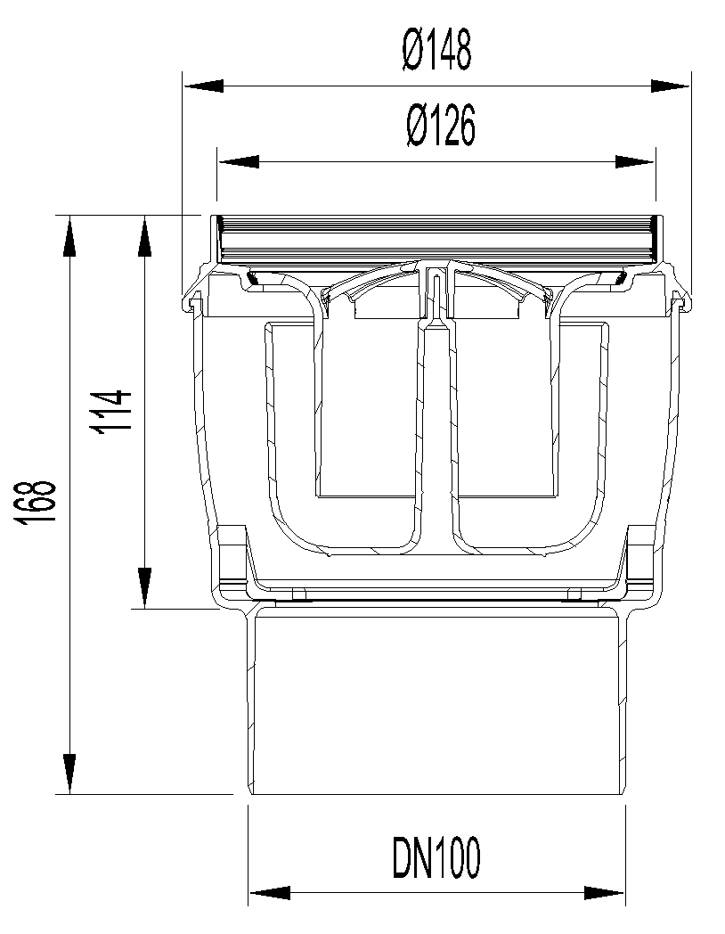 28100000 Esquema técnico do corpo de ralo EASYFLOW, fabricado em polipropileno, de dimensões Ø125 H168 fundo Ø149, saída vertical DN100, com sifão.