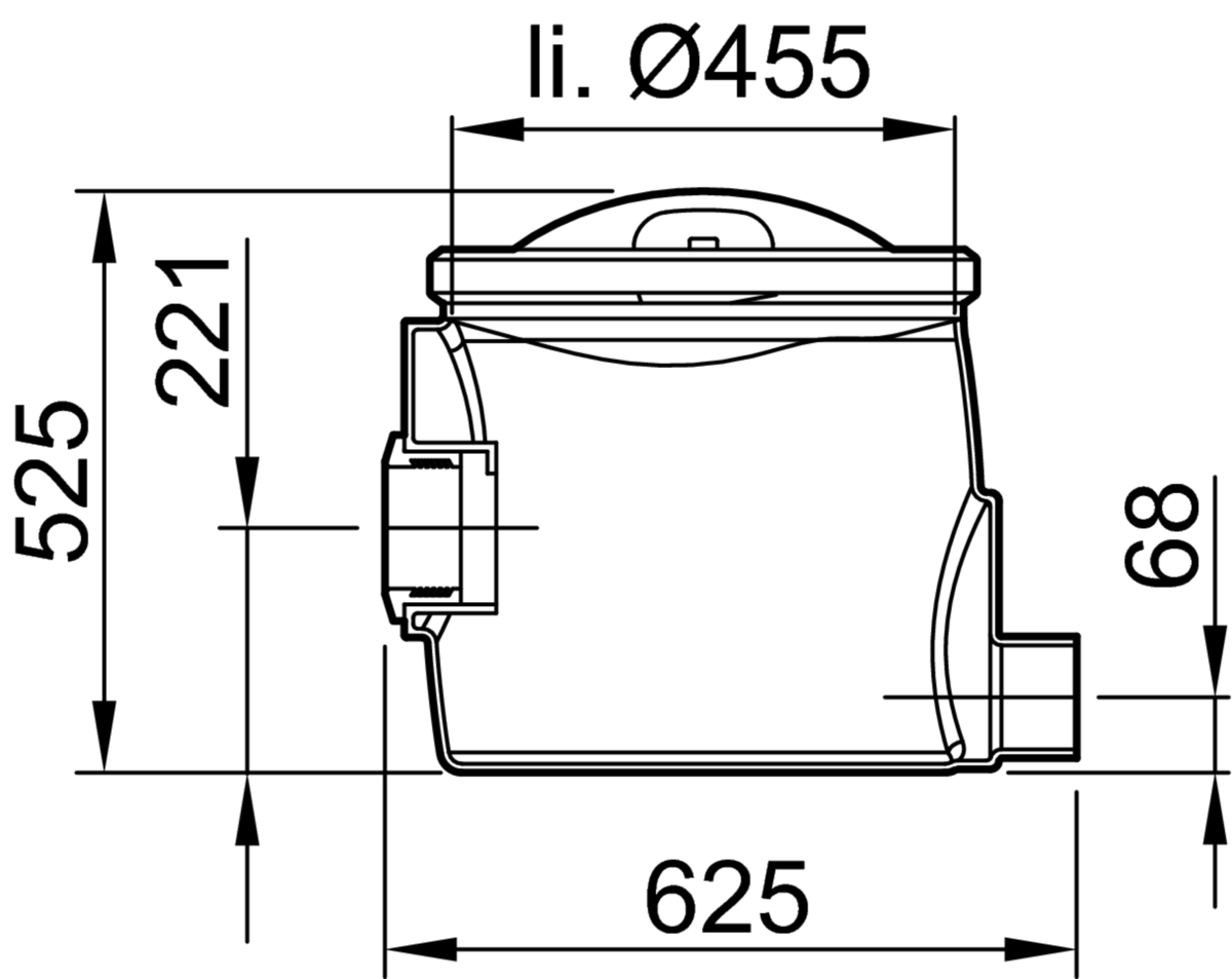 33000911 Esquema técnico de la cámara para toma de muestras con conexión DN100 y salida horizontal, fabricado en polietileno de alta denisdad (HDPE). De dimensiones Ø455 H525.