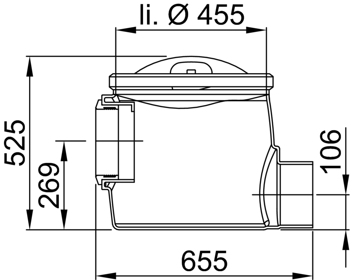 33000931 Esquema técnico do câmara para recolha de amostras com ligação DN200 e saida horizontal, realizado em polietileno de alta denisdade (HDPE). De dimensões Ø455 H525.