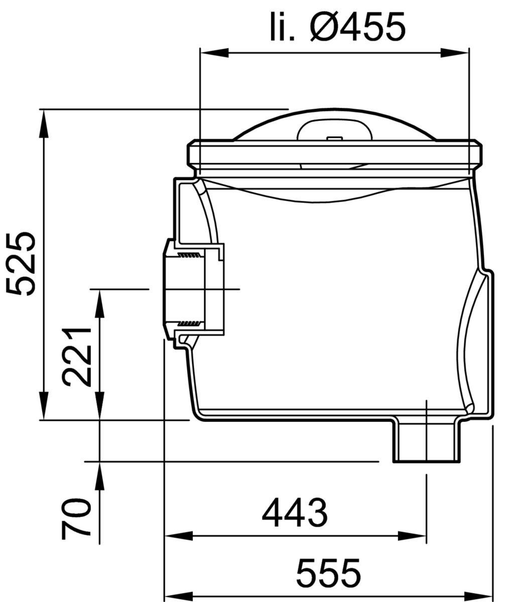 33001011 Esquema técnico do câmara para recolha de amostras com ligação DN100 e saida vertical, realizado em polietileno de alta denisdade (HDPE). De dimensões Ø455 H525.