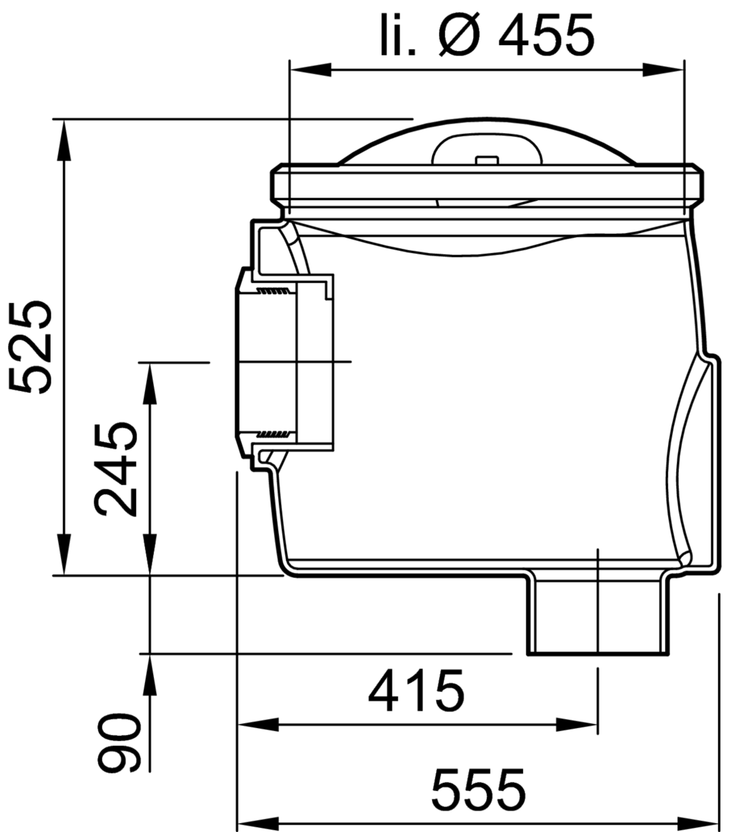 33001021 Esquema técnico do câmara para recolha de amostras com ligação DN150 e saida vertical, realizado em polietileno de alta denisdade (HDPE). De dimensões Ø455 H525.