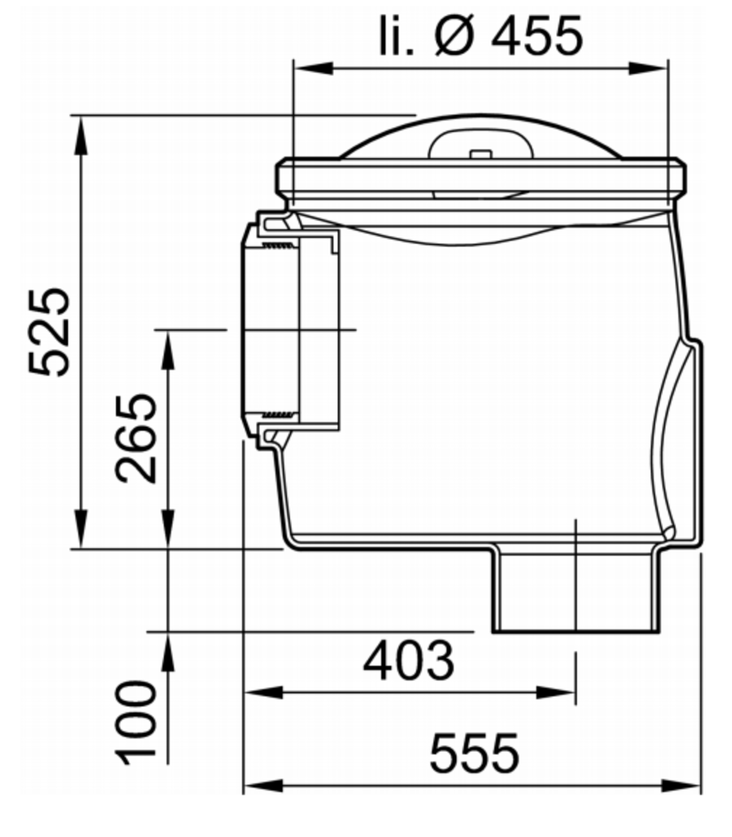 33001031 Esquema técnico do câmara para recolha de amostras com ligação DN200 e saida vertical, realizado em polietileno de alta denisdade (HDPE). De dimensões Ø455 H525.