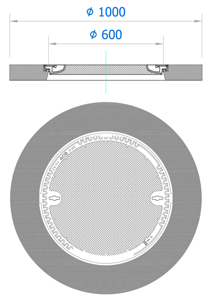 Esquema técnico del la tapa fija para separador de hidrocarburos. Incluye 1 tapa de hormigón Ø600 A15 y marco en horigmón de dimensiónes Ø1000 H80.