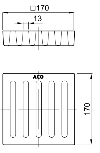 50950020 Esquema técnico da grelha em fundição de dimensões 170x170mm classe de carga M125 para sumidouros COMPACT.
