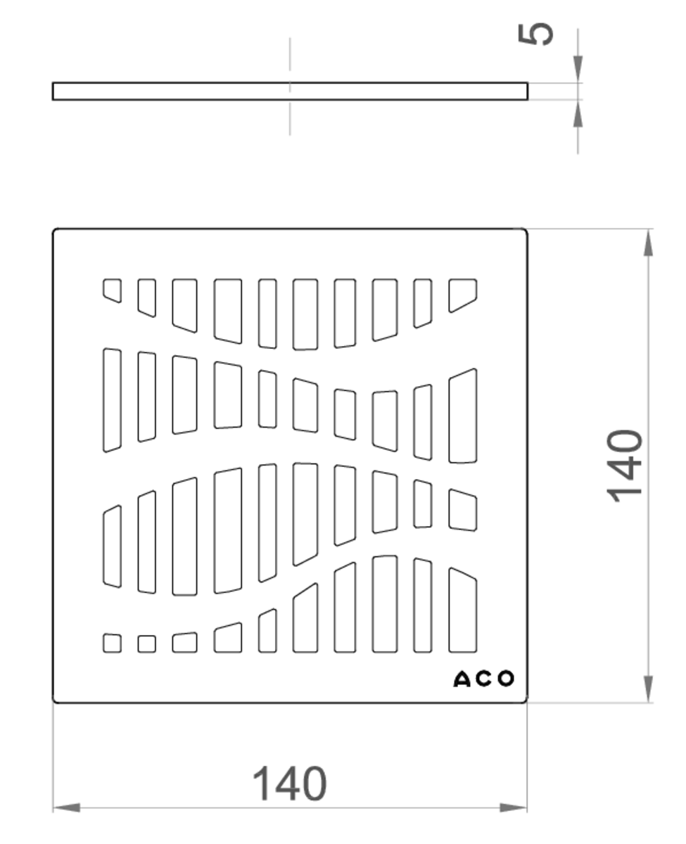 Esquema técnico de la reja para sumidero EASYFLOW, reja forest en acero inoxidable AISI304 de dimensiones L140 A140 H5 sin sistema de fijación, clase de carga K3.