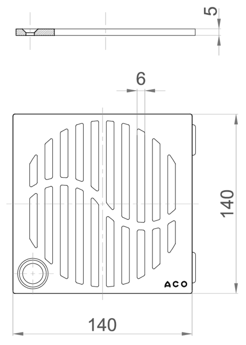 Esquema técnico de la reja para sumidero EASYFLOW, reja wave en acero inoxidable AISI304 de dimensiones L140 A140 H5 con sistema de fijación, clase de carga K3.