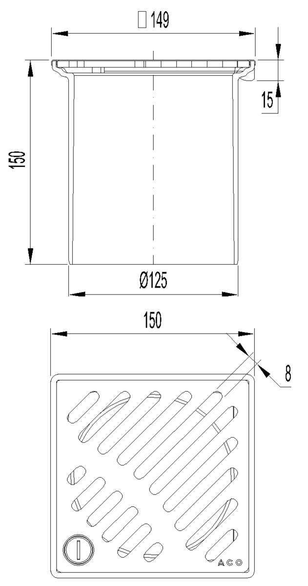 Esquema técnico del cuerpo sumidero EASYFLOW, fabricado en plástico ABS, de dimensiones L150 A150 H150 fondo Ø125, con reja ranurada con fijación en acero inoxidable AISI304 clase de carga K3.