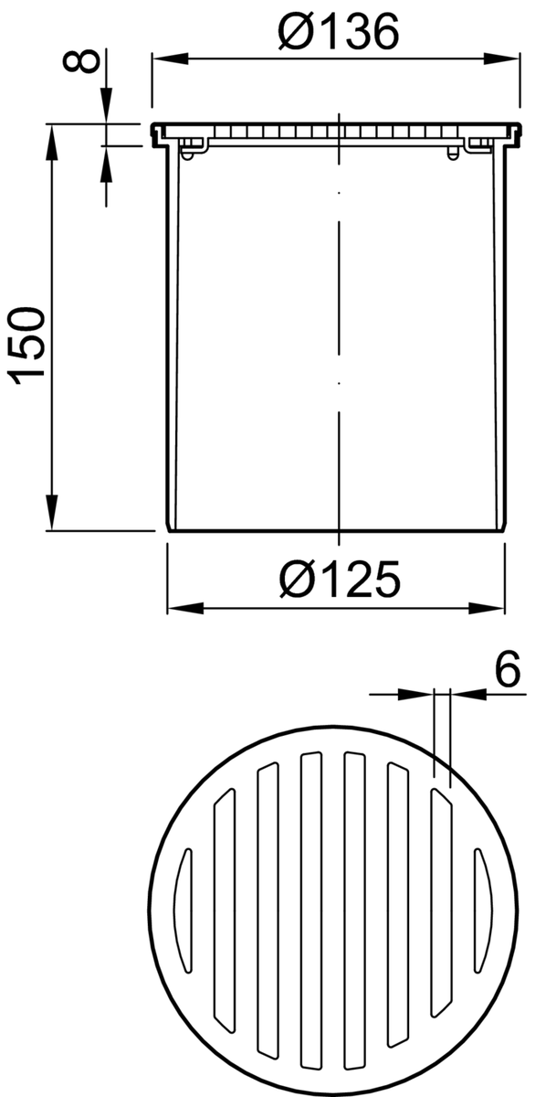 Esquema técnico da secção de topo do sumidouro EASYFLOW, fabricado em plástico ABS, de dimensões Ø136 H150 fundo Ø125, com grelha slot sem fixação em aço inoxidável AISI304 classe de carga K3.
