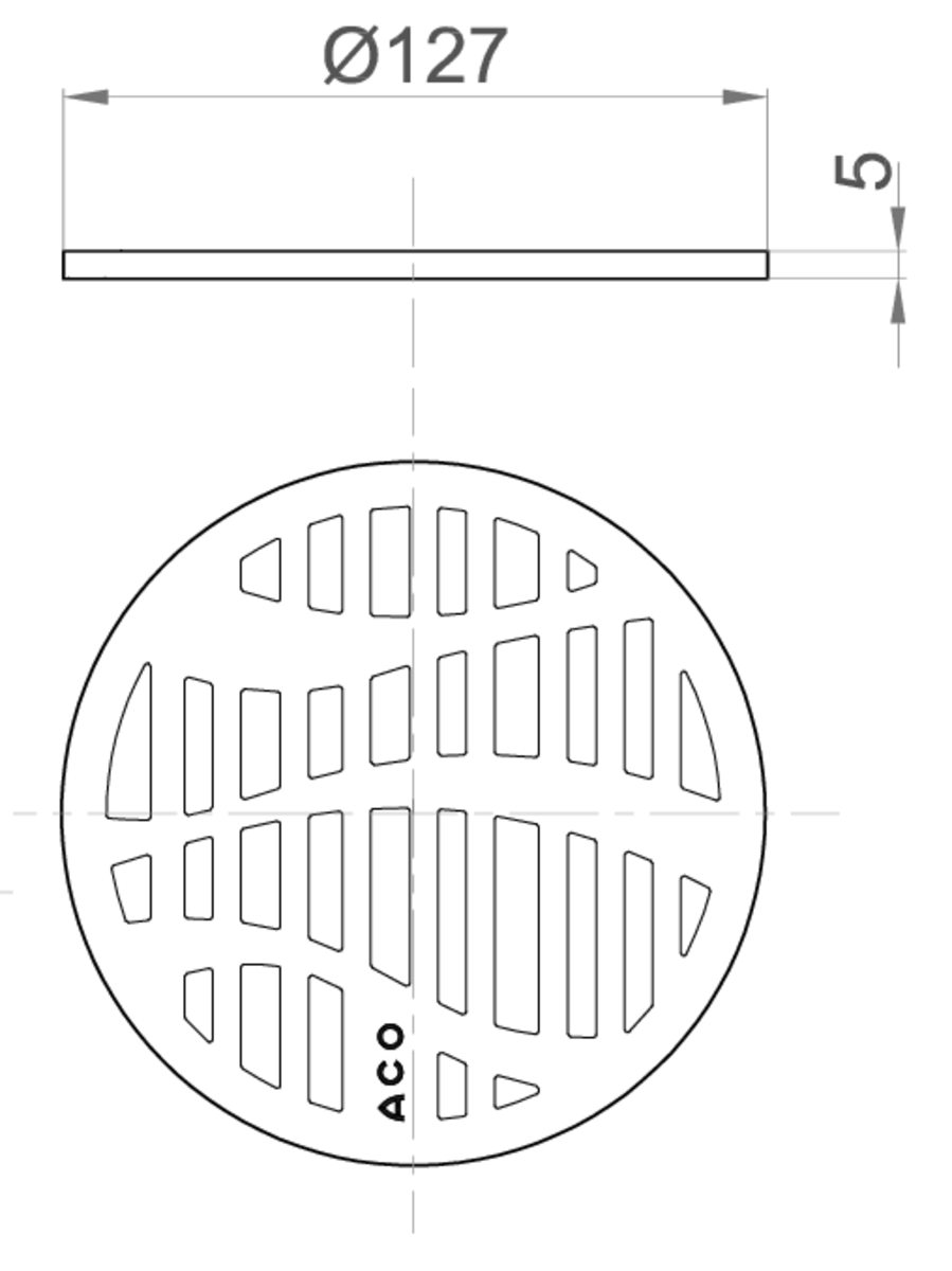 Esquema técnico da grelha para sumidouro EASYFLOW, grelha forest em aço inoxidável AISI304 da dimensões Ø127 H5 sem sistema de fixação, classe de carga K3.