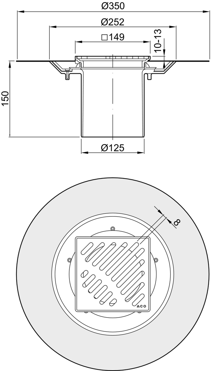 51412900 Esquema técnico del cuerpo sumidero EASYFLOW, fabricado en plástico ABS, de dimensiones L150 A150 H163 fondo Ø125 con marco para impermeabilizació liquida, con reja ranurada sin fijación en acero inoxidable AISI304 clase de carga K3.