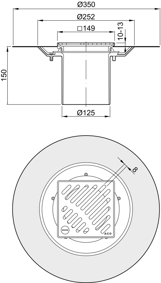 51413000 Esquema técnico da secção de topo do sumidouro EASYFLOW, fabricado em plástico ABS, de dimensões L150 A150 H150 fundo Ø125 com aro para impermeabilização líquida, com grelha slot com fixação em aço inoxidável AISI304 classe de carga K3.