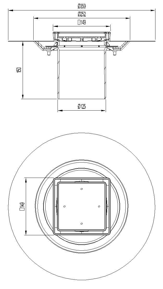 Esquema técnico del cuerpo sumidero EASYFLOW, fabricado en plástico ABS, de dimensiones L150 A150 H150 fondo Ø125 con marco para impermeabilizació liquida, con reja rellenable en acero inoxidable AISI304.