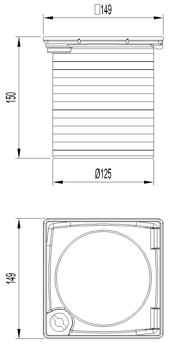 Esquema técnico del cuerpo sumidero EASYFLOW, fabricado en plástico ABS, de dimensiones L150 A150 H150 fondo Ø125, sin reja.