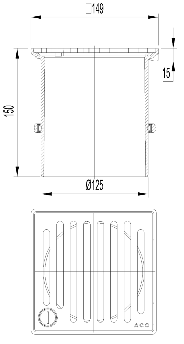 Esquema técnico da secção de topo do sumidouro NEW SELECTA, fabricado em plástico ABS, de dimensões L150 A150 H150 fundo Ø125, com grelha meku lisa com fixação em aço inoxidável AISI304 classe de carga K3.