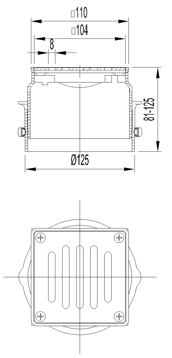 Esquema técnico del cuerpo sumidero NEW SELECTA, fabricado en plástico ABS, de dimensiones L111 A111 H125 fondo Ø125, con reja meku lisa con fijación en acero inoxidable AISI304 clase de carga K3.