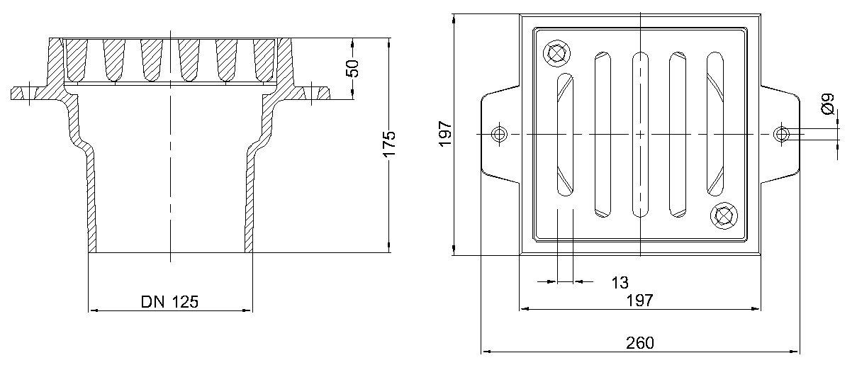 51942000 Esquema técnico do sumidouro Compact, de dimensões 197x197mm, 175mm de altura e com saída vertical DN 125.