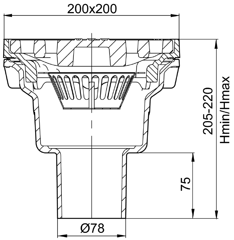 Esquema de sumidero sin sifón tipo ACO PARKDRAIN, fabricado en fundición. De medidas 200x200 mm, altura total exterior de 205 mm, salida vertical DN70 ref.59340002