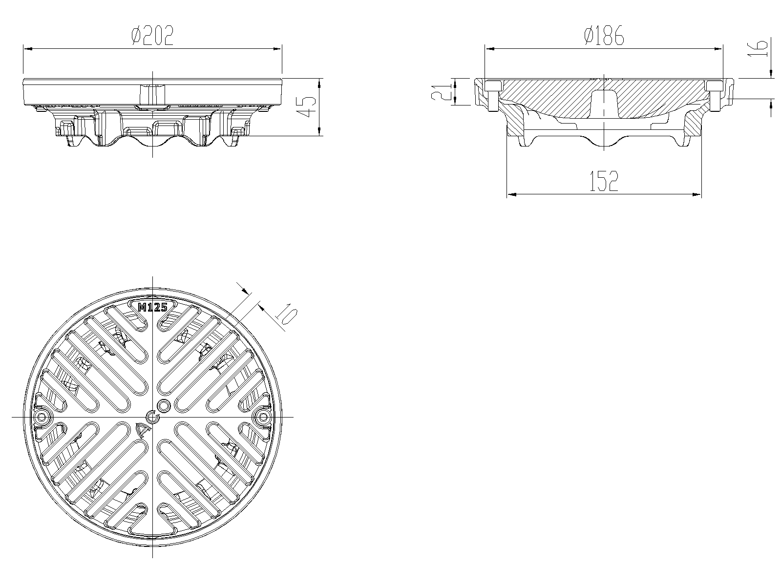 70000802_CAD Esquema para fixaçãoGrelha para sumidouro tipo ACO GRAVITY DN70-100, fabricada em ferro fundido, com un marco perimetral de Ø200mm y 45 mm de altura. Grelha tipo slot com largura visível de ø186 mm e ranhuras de 10, para classe de carga M125, com