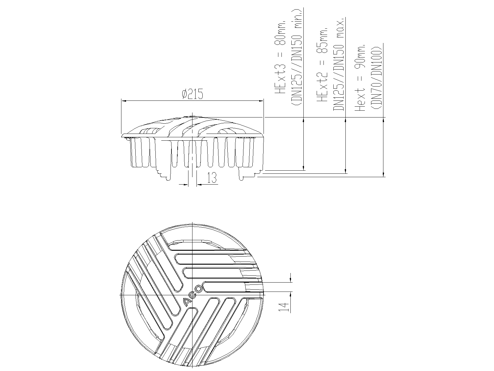 70001002 Esquema da Grelha para ralo tipo ACO GRAVITY, fabricada em ferro fundido, com Ø215 mm de diámetro