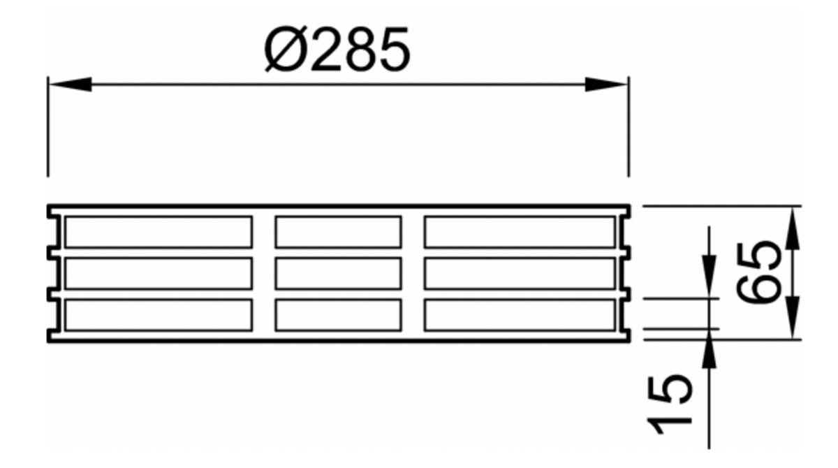 70001100 Esquema técnico da secção superior para grelha do sumidouro GRAVITY, fabricado em aço inoxidável AISI304, de dimensões Ø285 H65.