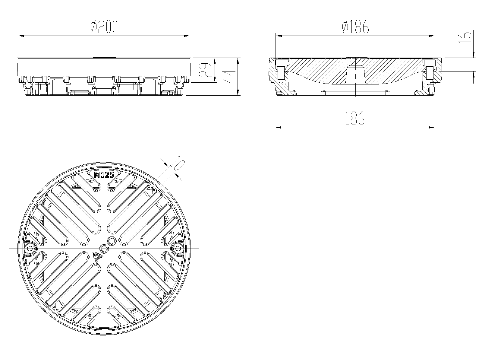70002802 Esquema da grelha para sumidouro tipo ACO GRAVITY DN125-150, fabricada em ferro fundido, com un marco perimetral de Ø200mm y 44 mm de altura. Grelha tipo slot com largura visível de ø186 mm e ranhuras de 10, para classe de carga M125