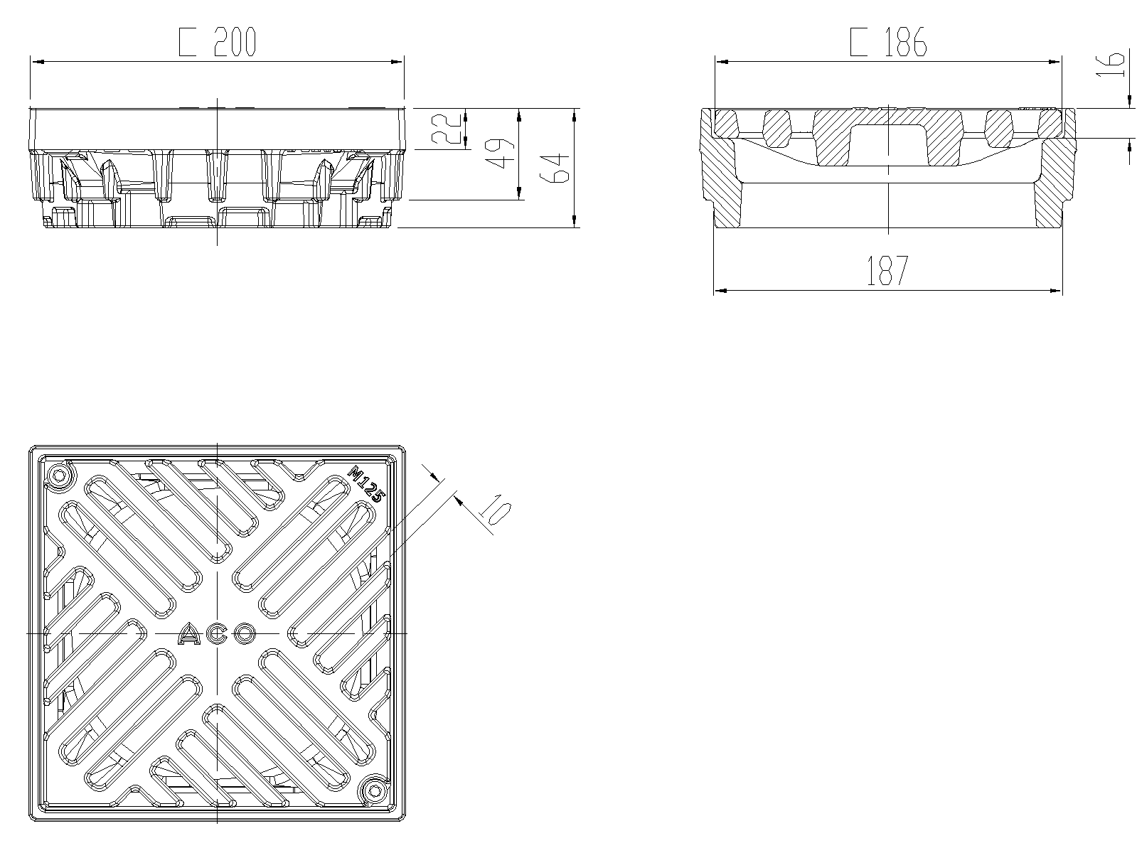 70004102_CAD Esquema da grelha para sumidouro tipo ACO GRAVITY DN125-150, fabricada em ferro fundido, com un marco perimetral de 200x200mm e 49 mm de altura. Grelha tipo slot com largura visível de 186 mm e ranhuras de 10, para classe de carga M125