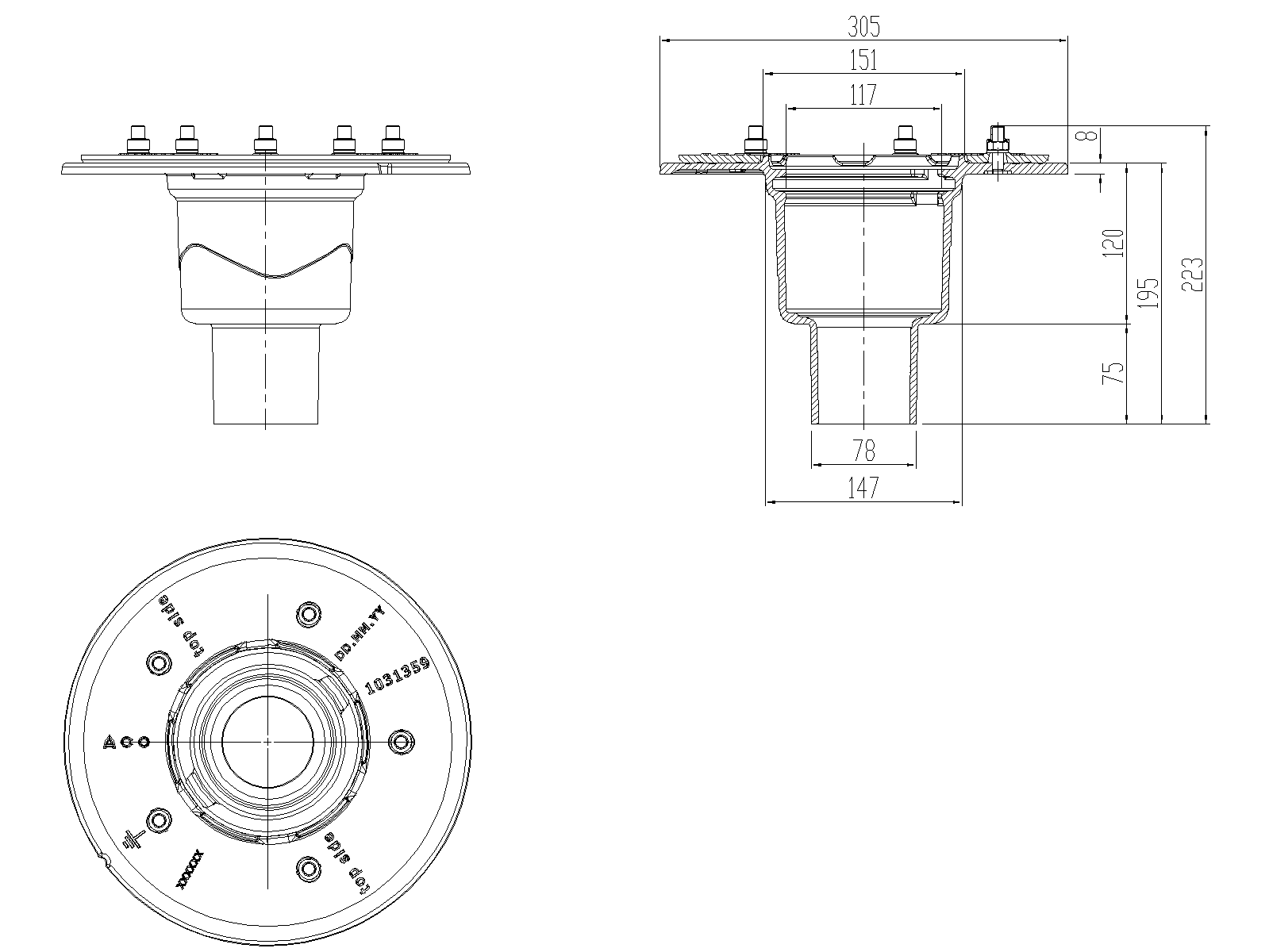 70331012 Esquema técnico do corpo de ralo para coberturas GRAVITY, fabricado em fundiçõ, de dimensões Ø305 H195 e com saída vertical DN70.