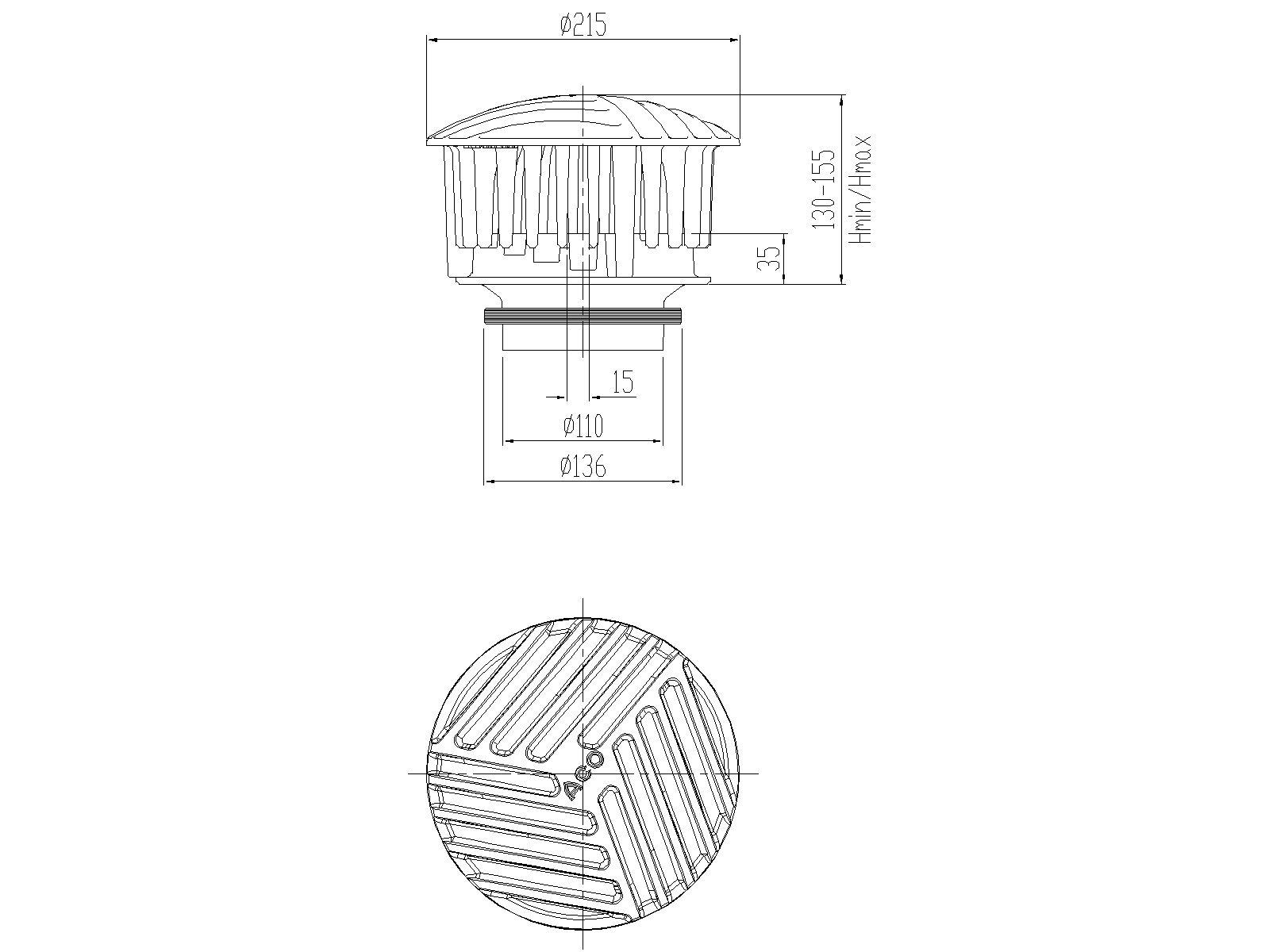 70331052 Esquema da secção superior para sumidouros de emergência tipo ACO GRAVITY DN70-100. Realizado em ferro fundido de Ø215 mm de exterior e altura total ajustável 130-155 mm. Altura de emergência de 35 mm
